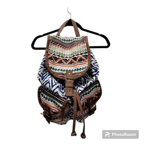 Boho Multicolor Geometric Backpack Blue Liner with Side Pockets Drawstring Bag